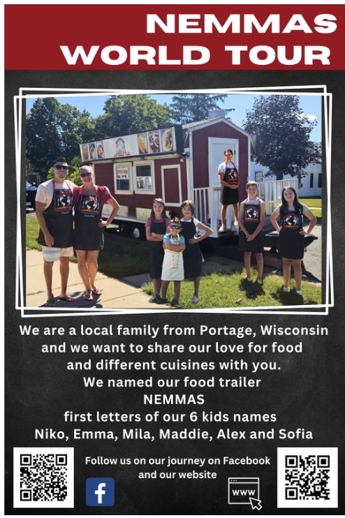 The Nemmas World Tour family standing together beside their food trailer
